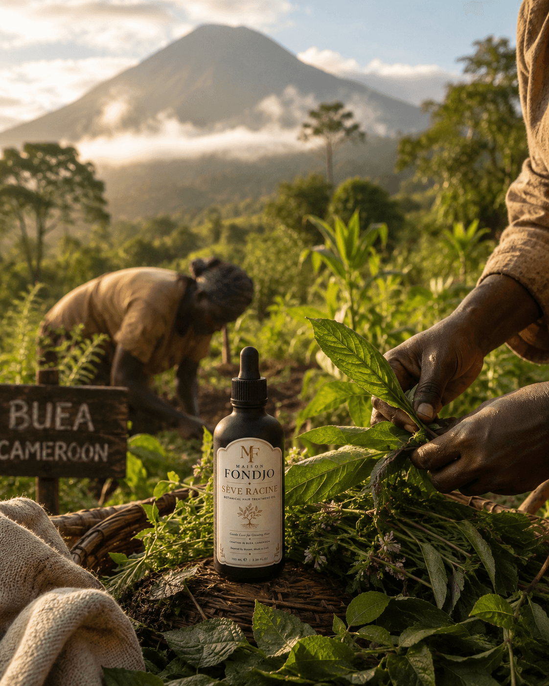 Sève Racine with harvested botanicals in a Buea field, Mount Cameroon in the distance